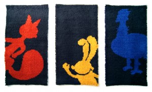 Three handmade Rugs. Displaying Orange Squirrel, Untalkative Bunny and Mean Emu.